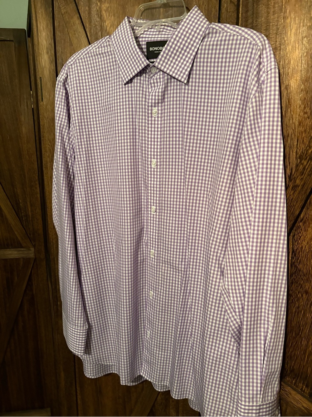 Bonobos Purple and White Gingham Dress Shirt; Wrinkle Free; Slim Fit; 17 1/2-35